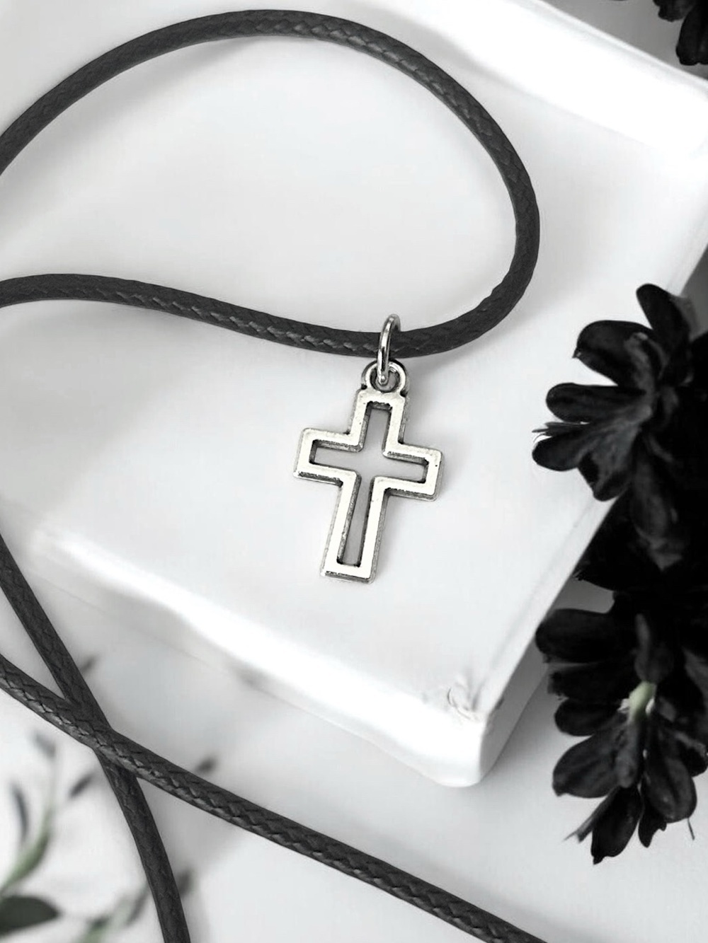 5 For $25💫Small Hollow Silver Cross Pendant on Black Braided Cord Necklace